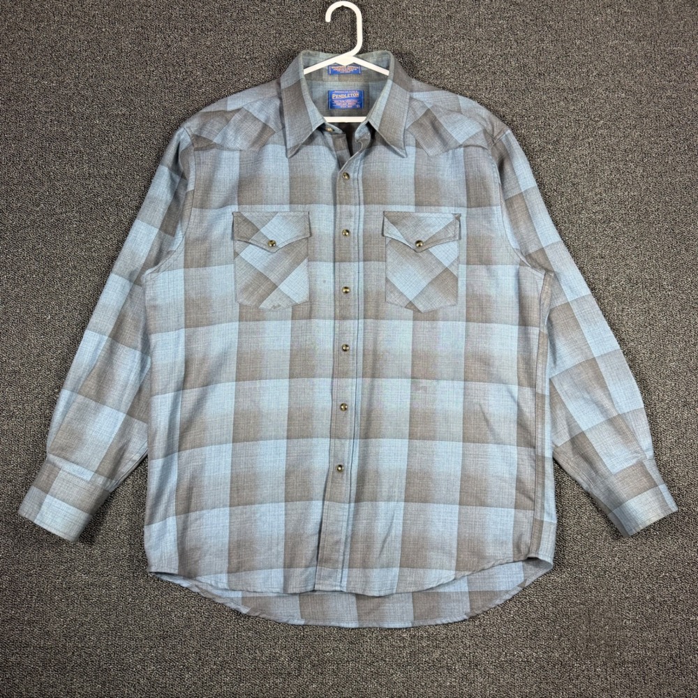 Pendleton Western Zephyr Worsted Virgin Wool Men's L Blue Grey Plaid Pearl Snap
